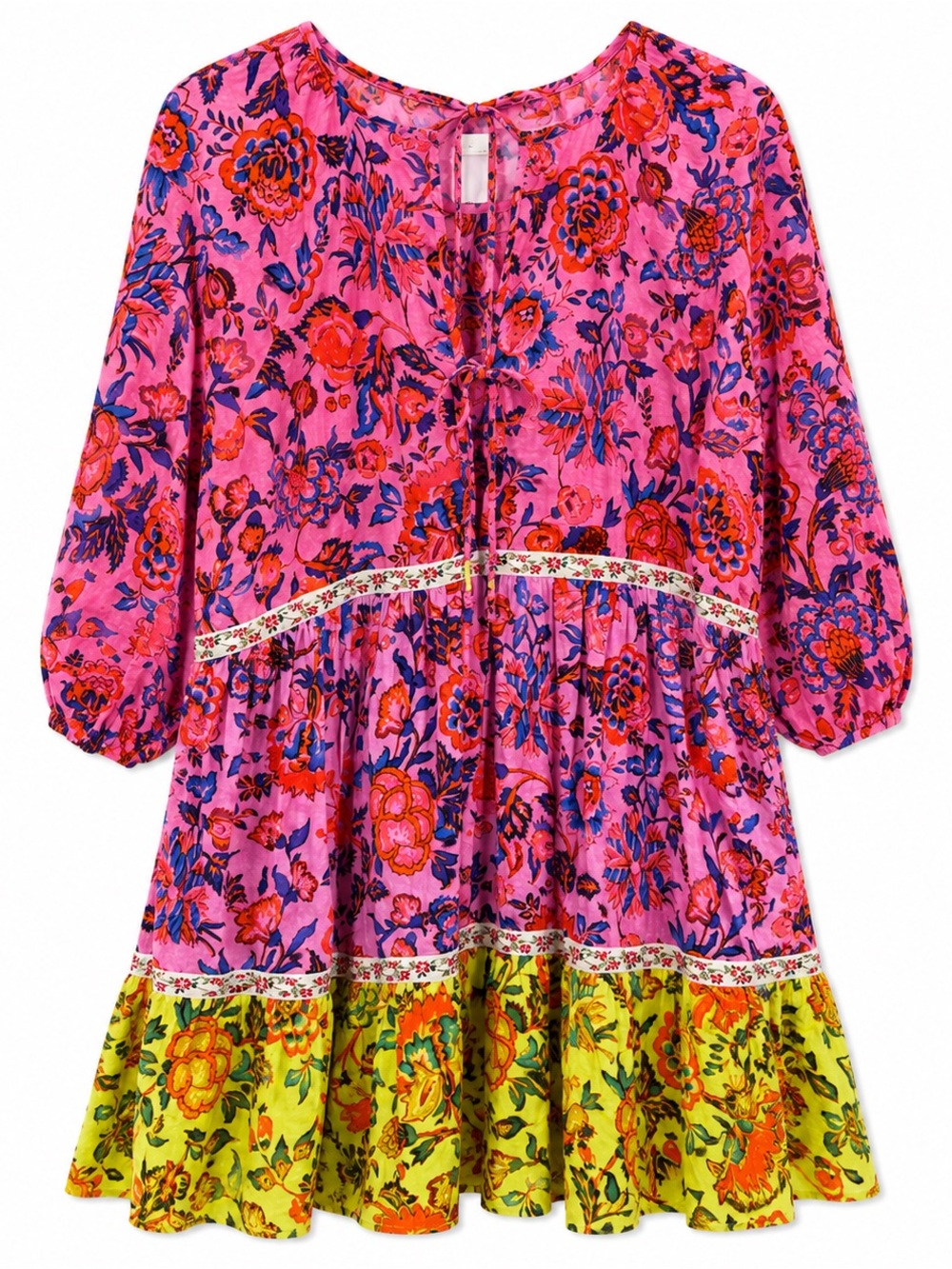Anthropologie Floral Boho Mini Dress Pink Multicolor 3/4 Sleeve S Cottagecore - Picture 2 of 3
